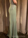 Sage Green Lace Mermaid Long V-neck Prom Dresses, BGS0444