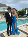 Mermaid Blue Sheath Spaghetti Straps V-neck Long Prom Dresses, BGS0447