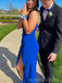 Royal Blue Mermaid V-neck Side Slit Long Prom Dresses, BGS0448