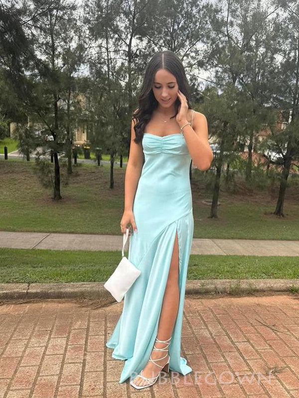 Gorgeous Light Blue Satin Spaghetti Straps Long Prom Dresses, BGS0463