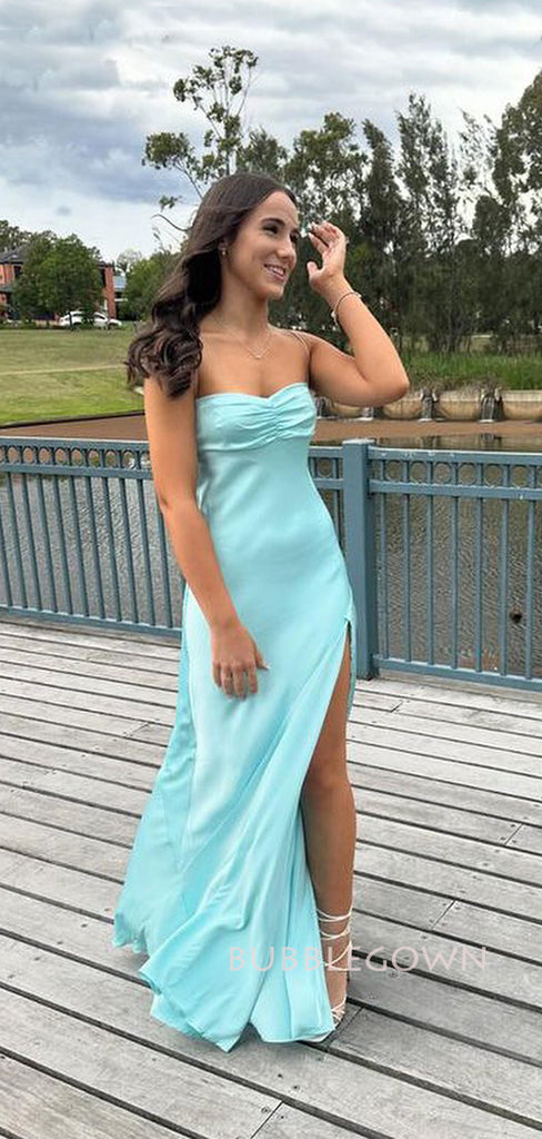 Gorgeous Light Blue Satin Spaghetti Straps Long Prom Dresses, BGS0463