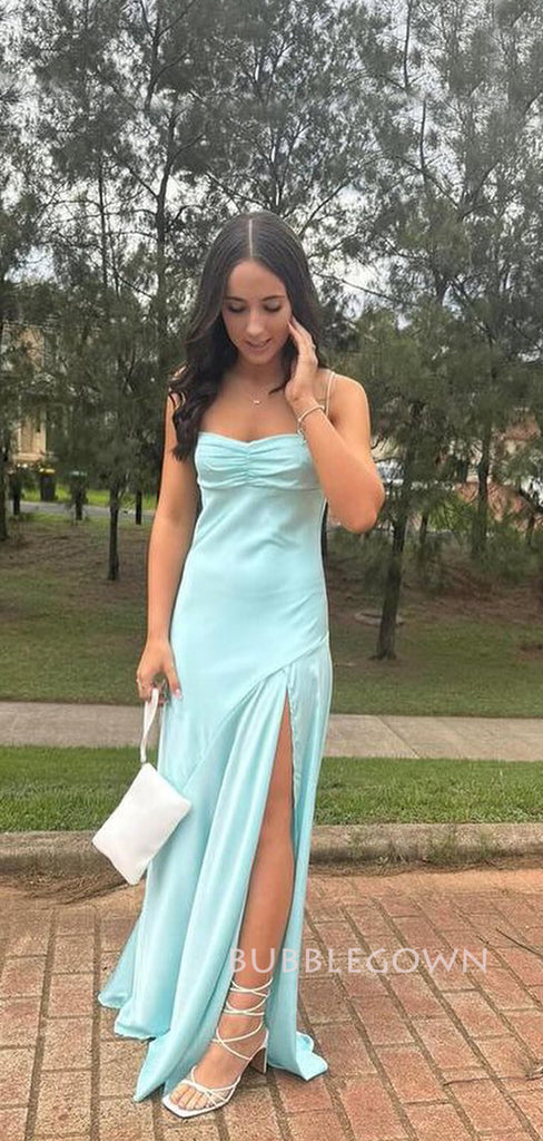 Gorgeous Light Blue Satin Spaghetti Straps Long Prom Dresses, BGS0463