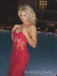 See Through Red Lace Mermaid Long Prom Dresses, Spaghetti Straps V-neck Prom Dress, BGS0469