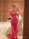 See Through Red Lace Mermaid Long Prom Dresses, Spaghetti Straps V-neck Prom Dress, BGS0469