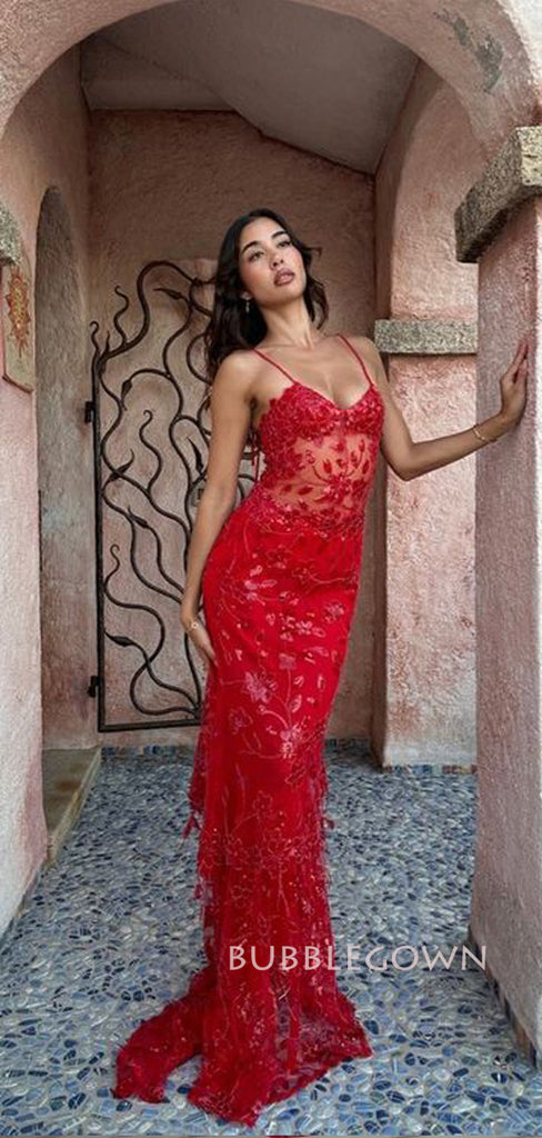 See Through Red Lace Mermaid Long Prom Dresses, Spaghetti Straps V-neck Prom Dress, BGS0469