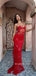 See Through Red Lace Mermaid Long Prom Dresses, Spaghetti Straps V-neck Prom Dress, BGS0469