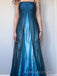 Gorgeous Blue Satin A-line Straps Long Prom Dresses, BGS0478