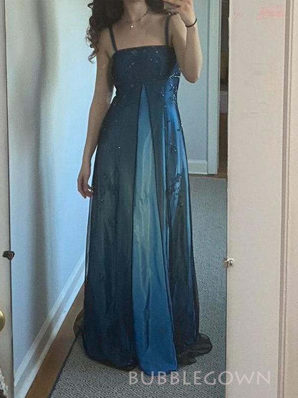 Gorgeous Blue Satin A-line Straps Long Prom Dresses, BGS0478