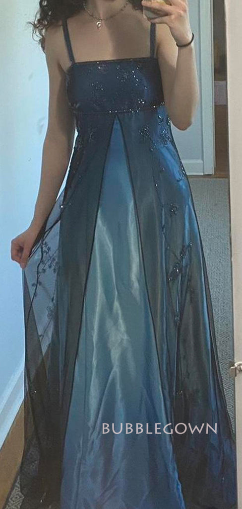 Gorgeous Blue Satin A-line Straps Long Prom Dresses, BGS0478