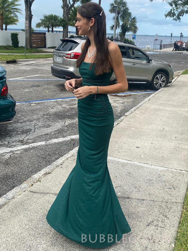 Sparkly Spaghetti Straps Dark Green Mermaid Long Prom Dresses, BGS0480