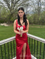 Backless Red Satin Mermaid Straps Side Slit Long Prom Dresses, BGS0486