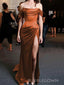 Lovely Burnt Orange Satin Off Shoulder Side Slit Long Prom Dresses, BGS0490