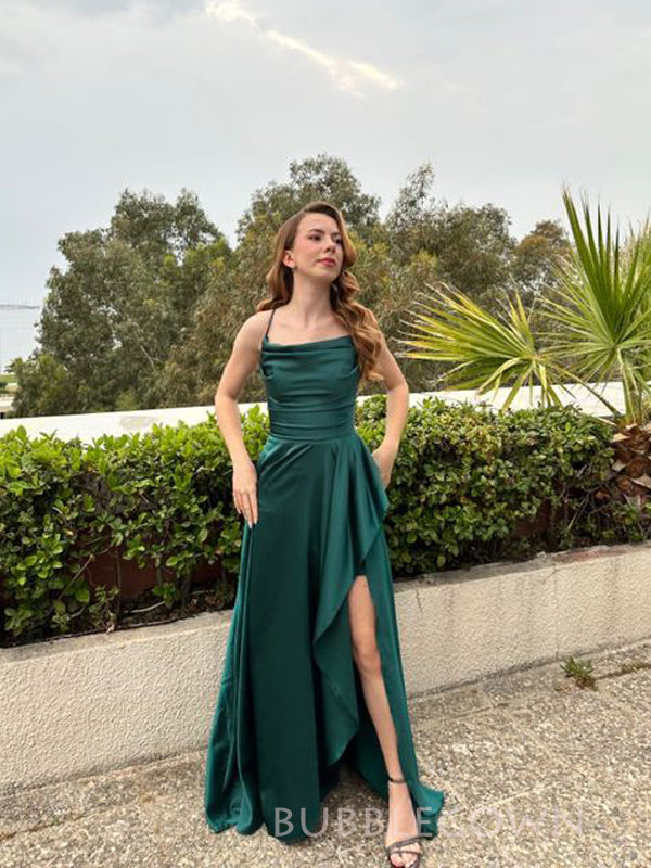 Spaghetti Straps Datk Green A-line Long Prom Dresses, BGS0492