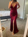 Deep V-neck Mermaid Burgundy Satin Side Slit Long Prom Dresses, BGS0493