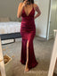 Deep V-neck Mermaid Burgundy Satin Side Slit Long Prom Dresses, BGS0493