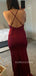 Deep V-neck Mermaid Burgundy Satin Side Slit Long Prom Dresses, BGS0493