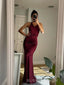 Gorgeous Burgundy Satin Mermaid V-neck Long Prom Dresses, BGS0496