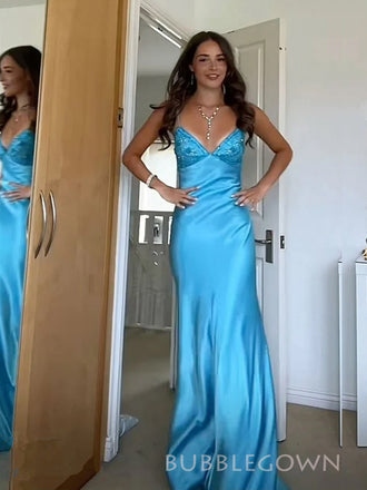 Spaghetti Straps Blue Satin Mermaid Long Prom Dresses, BGS0503