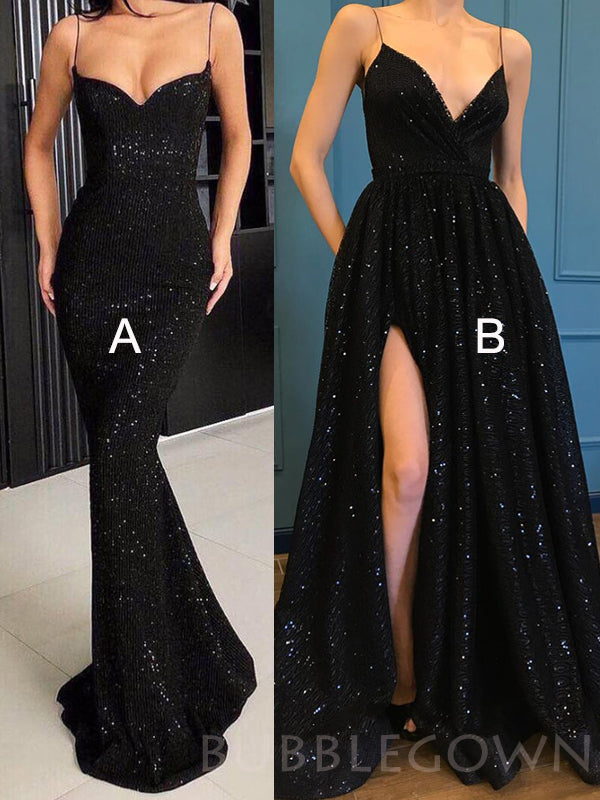 Spaghetti Strap Black Sparkle Popular Long Prom Dresses, WP005 BubbleGowns Spaghetti Strap Black Sparkle Popular Long Prom Dresses, WP005 BubbleGowns