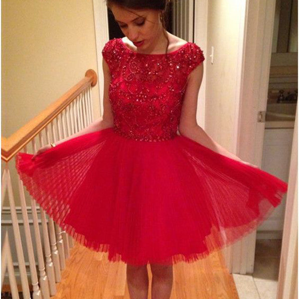 Cute Red Cap Sleeve Beaded Short Homecoming Dresses, BG51419 - Bubble Gown