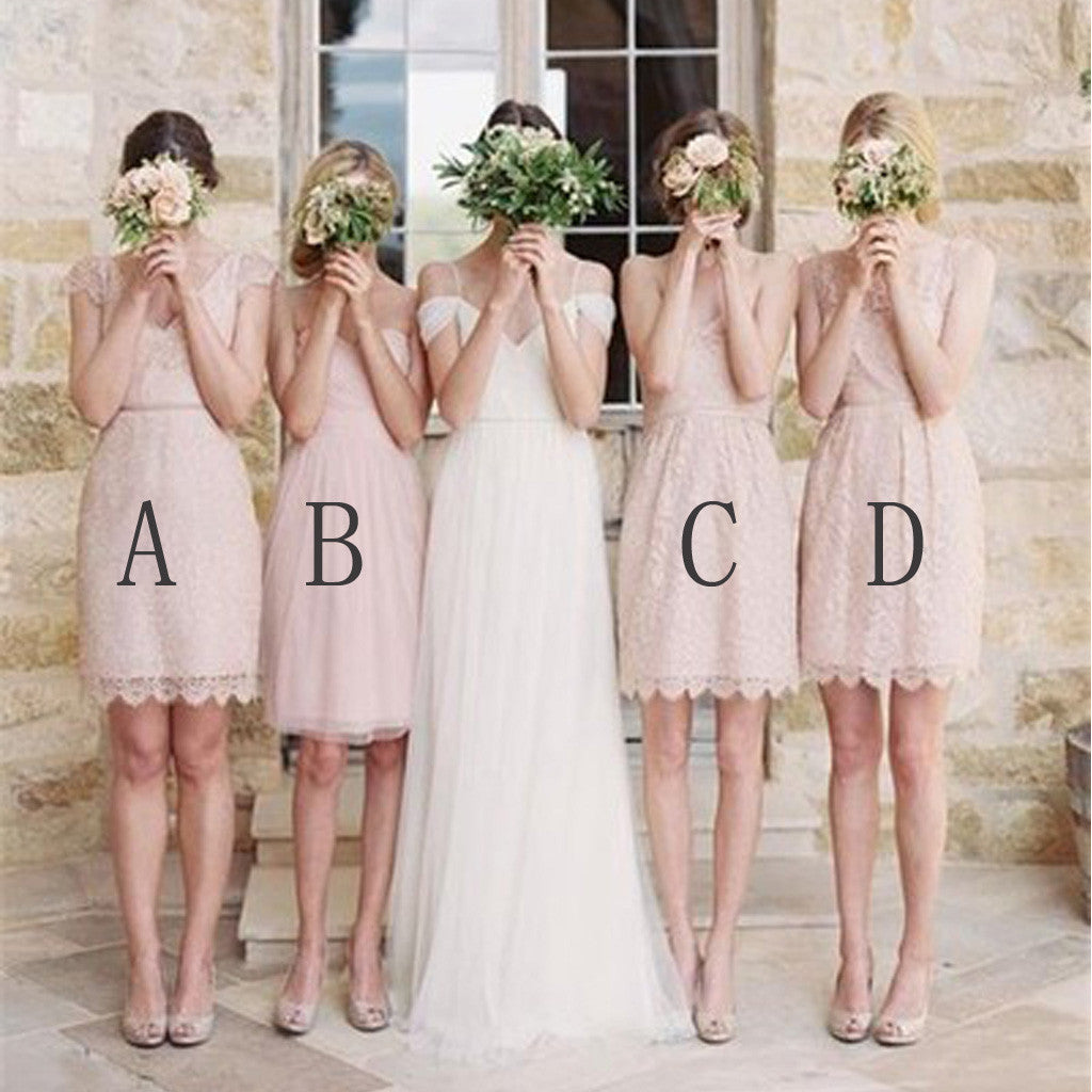 Mismatched Short Lace Blush Pink Mini Bridesmaid Dress, BG51284 BubbleGowns Mismatched Short Lace Blush Pink Mini Bridesmaid Dress, BG51284 BubbleGowns