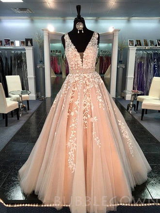 Peach Pink A-line High Slit See Through Long Prom Dresses Online,Dance –  SposaDresses