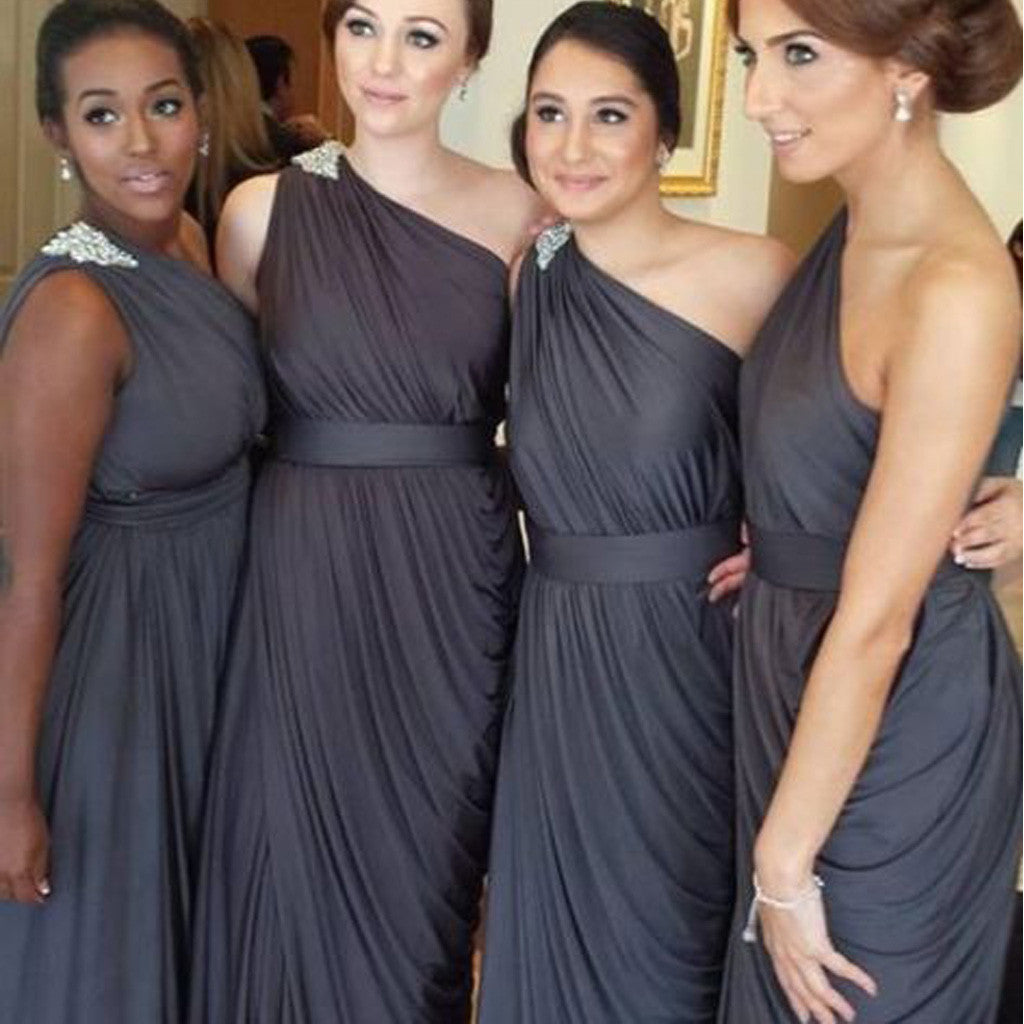 Dark Grey One Shoulder Elegant Online Long Bridesmaid Dresses, BG51343 BubbleGowns Dark Grey One Shoulder Elegant Online Long Bridesmaid Dresses, BG51343 BubbleGowns