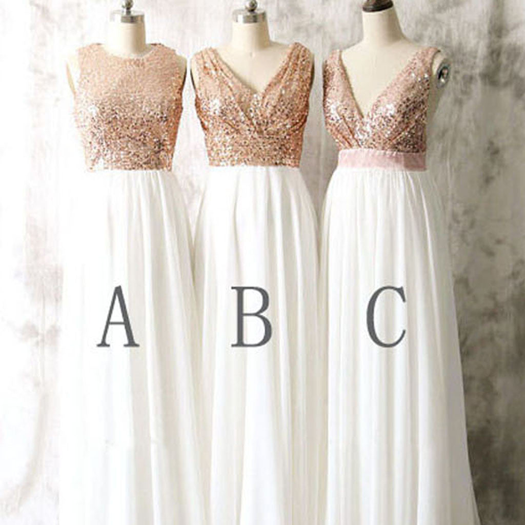 Mismatched Styles Sequin Top White Chiffon Long Bridesmaid Dresses, BG51314
