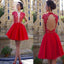 Red Cap Sleeve Deep V Neck Open Back Short Homecoming Dresses, BG51430