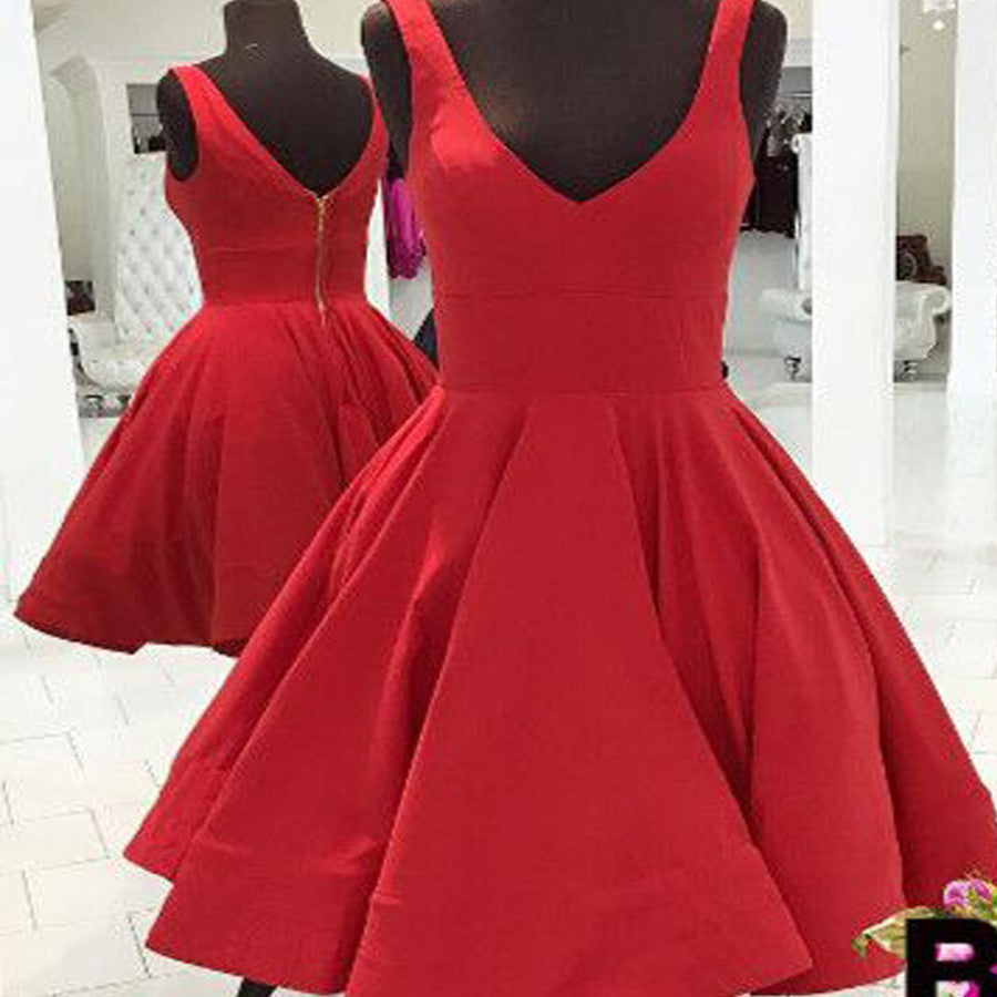 Red Simple V Neck Cheap Homecoming Dresses, BG51450
