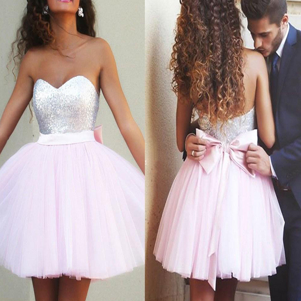 Cute Sliver Sequin Top Sweetheart Pink Tulle Bow Homecoming Dresses, BG51425 - Bubble Gown