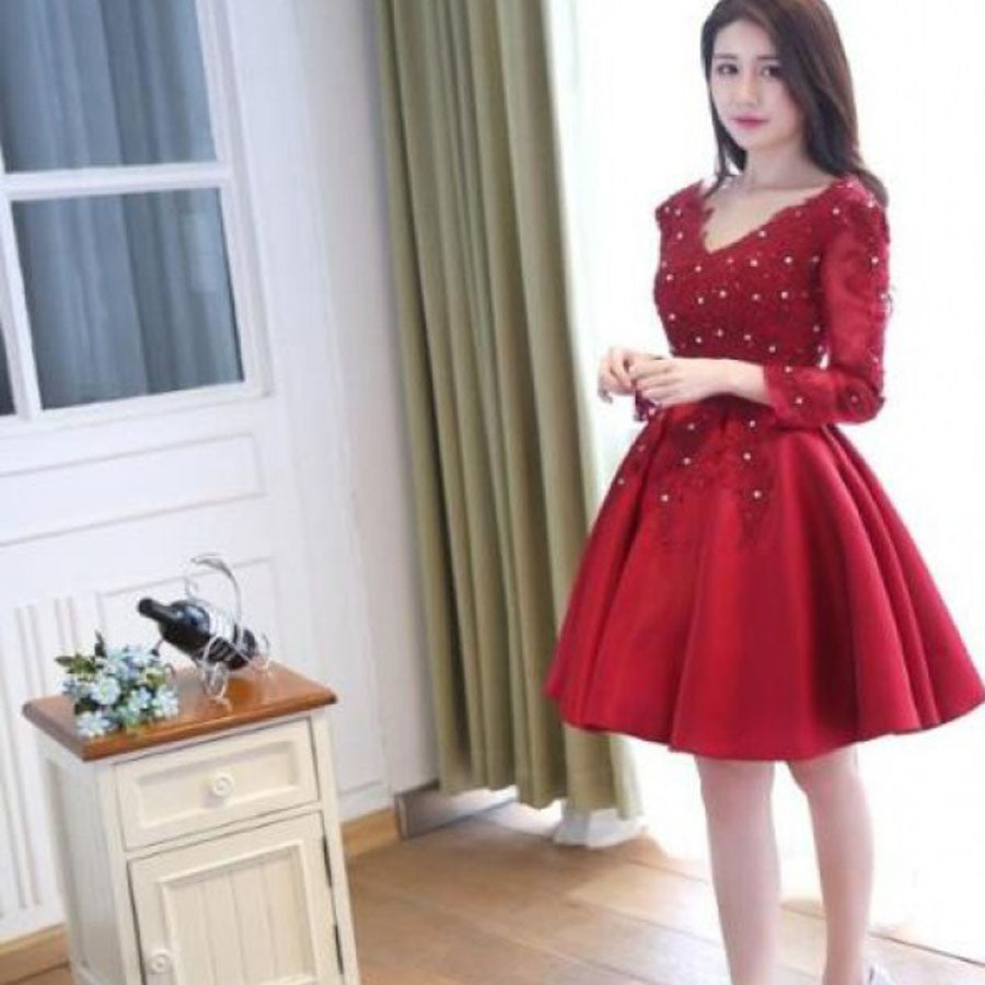 Wife Hot Red One Piece Dress Long Sleeve Red V Neck Short Homecoming Dresses, BG51468 BubbleGowns Wife Hot Red One Piece Dress Long Sleeve Red V Neck Short Homecoming Dresses, BG51468 BubbleGowns