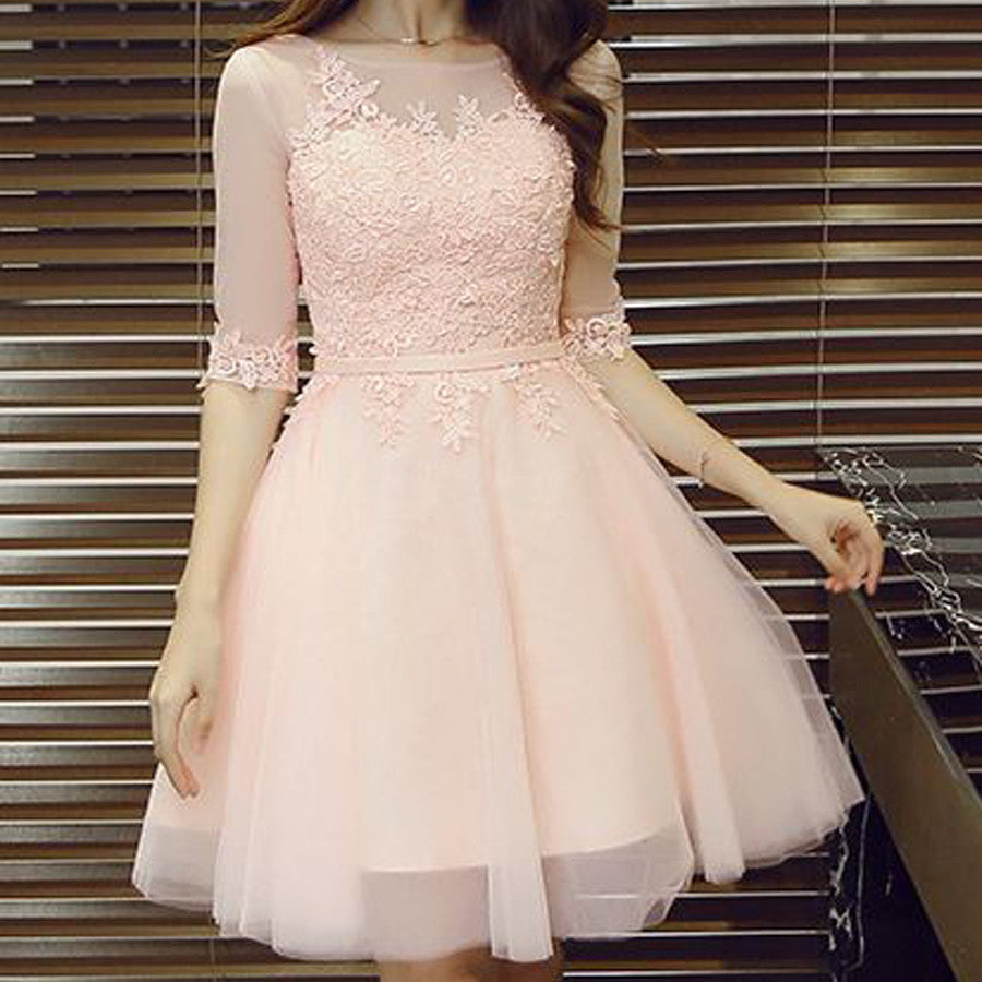 Half Sleeves Lace Applique Popular Pretty Junior Homecoming Dresses, BG51491 - Bubble Gown
