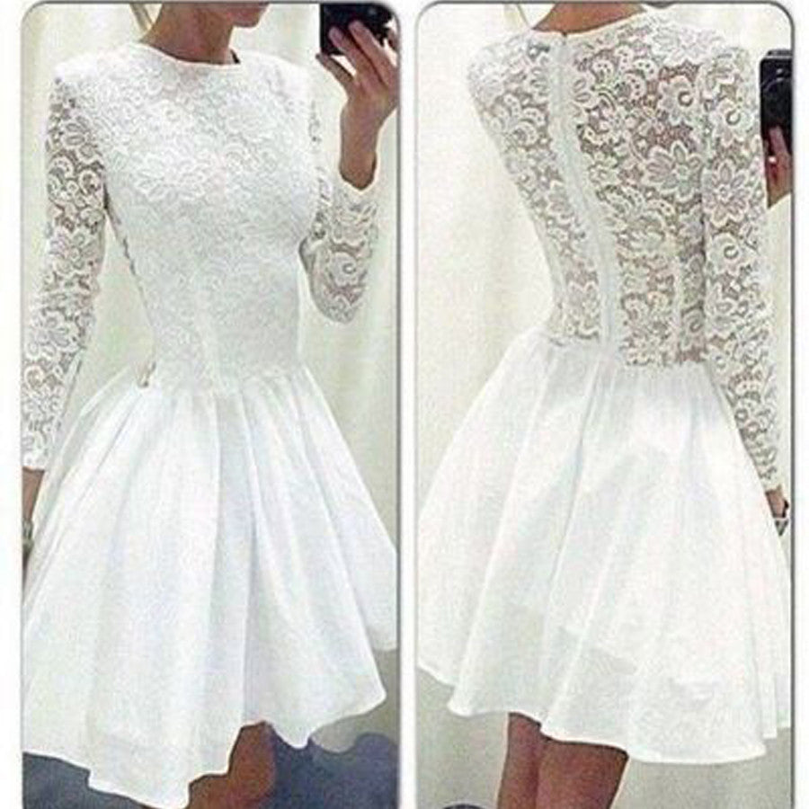Cheap White Long Sleeves Short Lace Homecoming Dresses, BG51418 BubbleGowns Cheap White Long Sleeves Short Lace Homecoming Dresses, BG51418 BubbleGowns