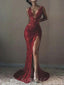 Sexy Red Llace Mermaid Side Split Deep V Neck Long Prom Dress, BGP060