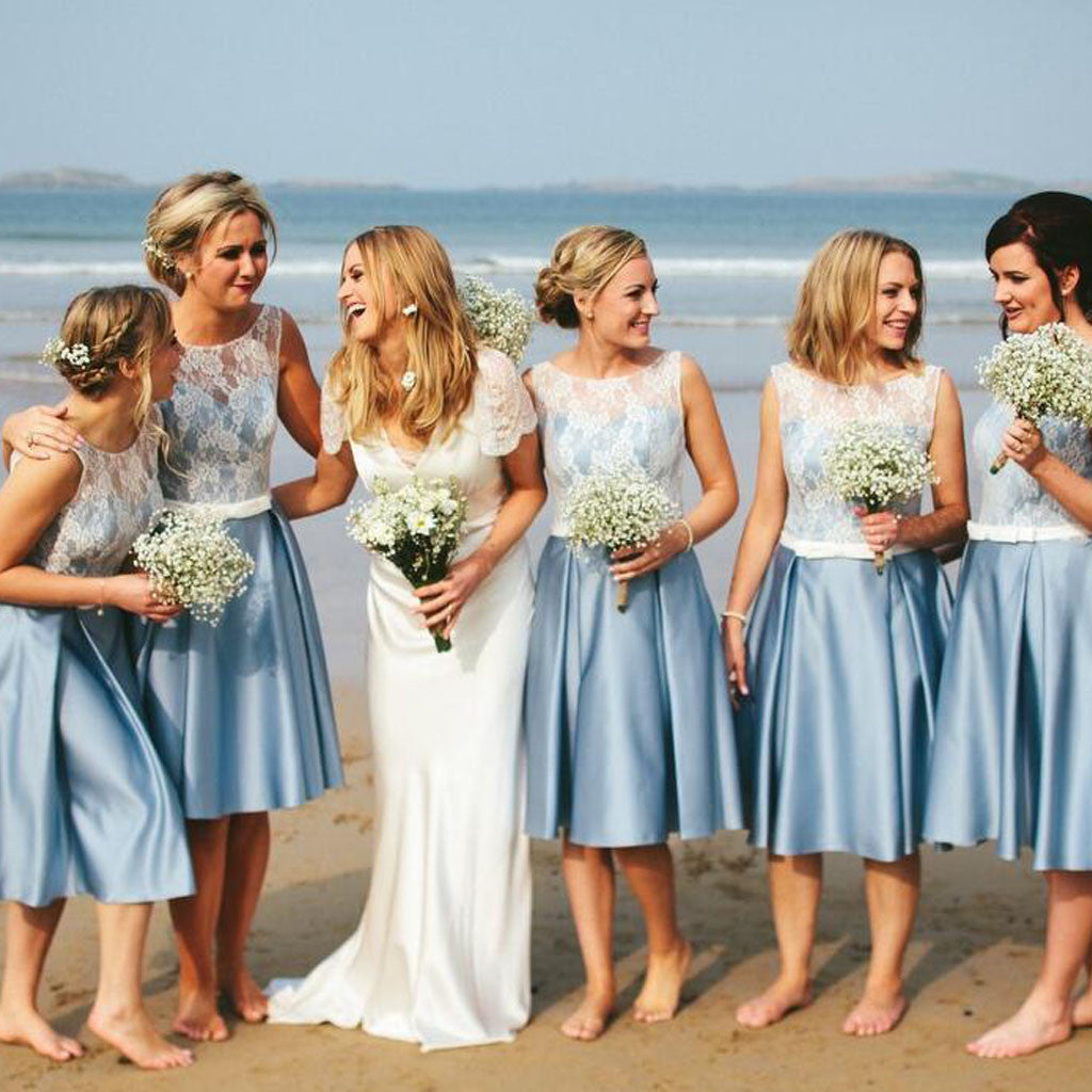 Blue Junior Satin White Lace Short Beach Wedding Bridesmaid Dresses, B BubbleGowns Blue Junior Satin White Lace Short Beach Wedding Bridesmaid Dresses, B BubbleGowns