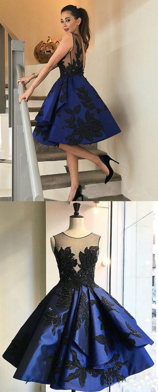 Black Applique Royal Blue Unique Knee Length Cheap Homecoming Dresses, BubbleGowns Black Applique Royal Blue Unique Knee Length Cheap Homecoming Dresses, BubbleGowns