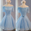 Blue Off Shoulder Half Sleeves Lace Up Cute Homecoming Dresses, BG51446 - Bubble Gown