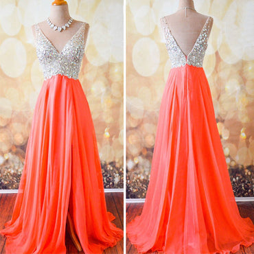 Coral A Line V Neck Side Split Shinning Long Prom Dresses, BG51090 - Bubble Gown