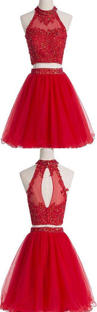 Red Two Pieces Halter Open Back Cute Homecoming Dresses, BG51452