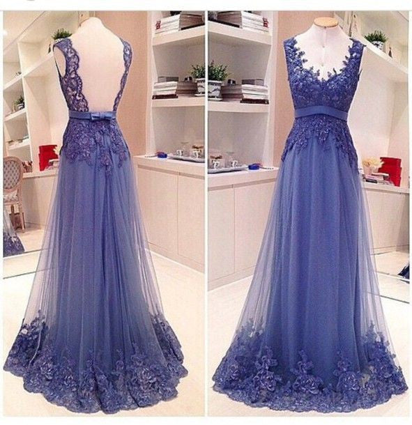 Elegant Affordable V Neck Lace See Through Back Long Prom Dresses, BG51002 - Bubble Gown
