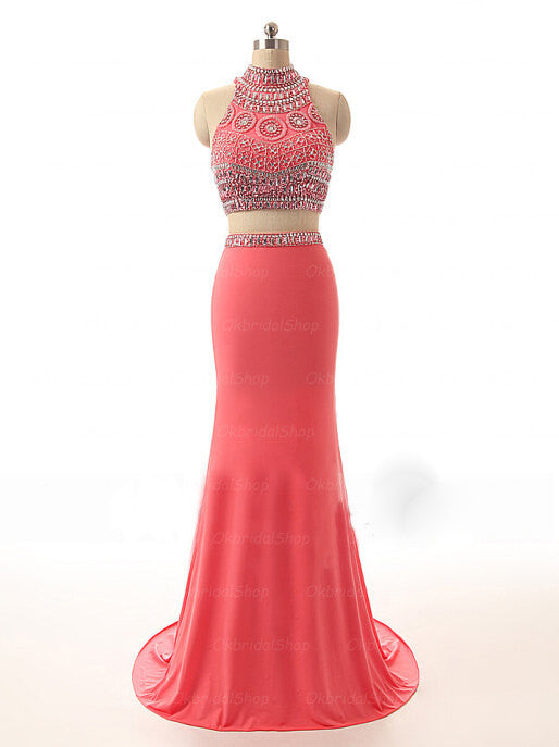 Watermelon Two Pieces Hight Neck Evening Party Long Prom Dresses, BG51 BubbleGowns Watermelon Two Pieces Hight Neck Evening Party Long Prom Dresses, BG51 BubbleGowns
