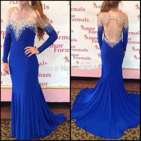 Long Sleeve Royal Blue Mermaid Sexy Backless Long Prom Dresses, BG51016 - Bubble Gown