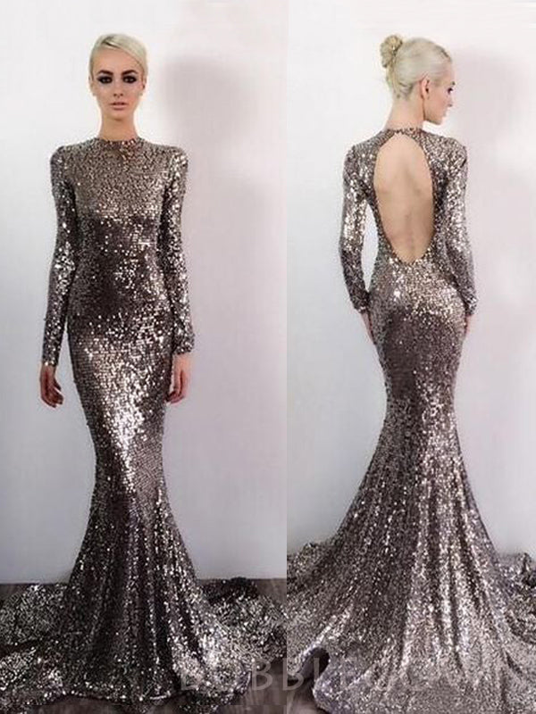 Open Back Long Sleeves Sequin Sexy Sparkle Mermaid Long Prom Dresses, BG51570