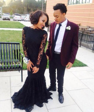 Mermaid Black Lace Long Sleeve Sexy Long Evening Prom Dress, BG51026