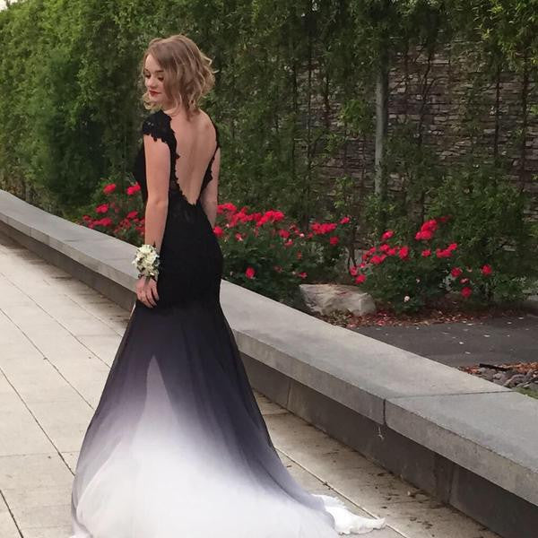 long black and white prom dress Elegant White/Black Lace Appliques Mermaid Long Sleeves Long Prom Dresses JLDressCA