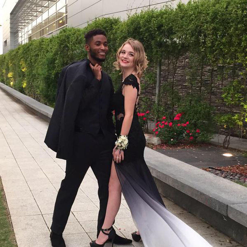 Black White Gradient Sexy Side Slit Open Back Long Prom Dress, BG51106 BubbleGowns Black White Gradient Sexy Side Slit Open Back Long Prom Dress, BG51106 BubbleGowns