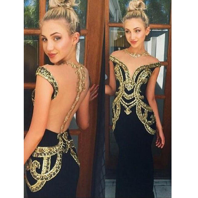 Unique See Through Back Black Gold Cap Sleeve Long Prom Dresses, BG510 BubbleGowns Unique See Through Back Black Gold Cap Sleeve Long Prom Dresses, BG510 BubbleGowns