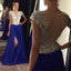 Cap Sleeve See Through Back Side Slit Royal Blue Shinning Sexy Long Prom Dresses, BG51043