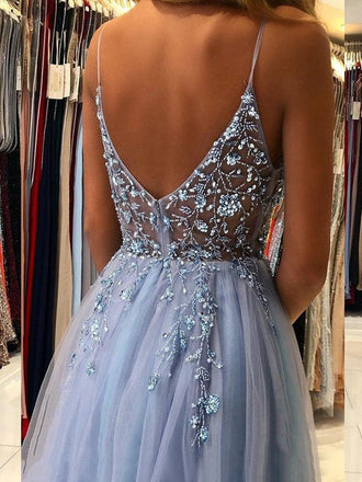 Cheap Blue Applique Tulle Long Prom Dresses BG7002